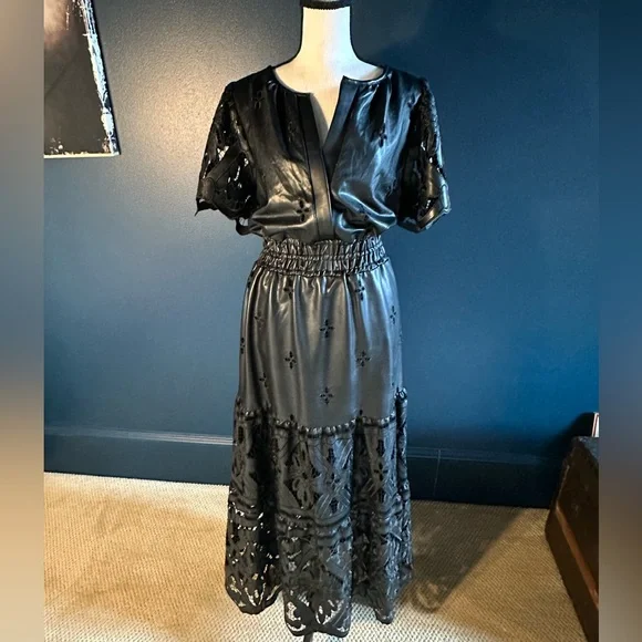 Anthropologie Somerset Black Faux Leather and Lace Maxi Dress - Picture 5 of 11